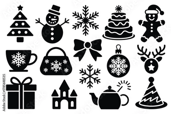 Fototapeta A collection of Christmas and holiday icons are displayed in black silhouette against a white background.