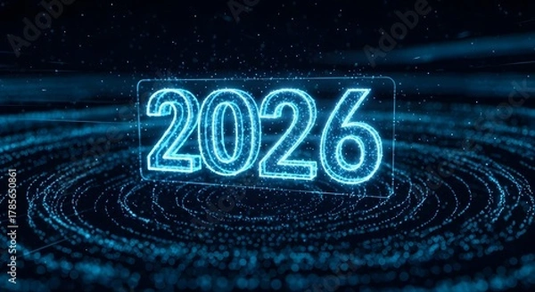 Fototapeta Futuristic 2026 hologram numbers, floating in digital space, glowing blue particles