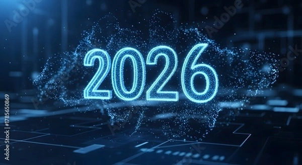 Fototapeta Futuristic 2026 hologram numbers, floating in digital space, glowing blue particles