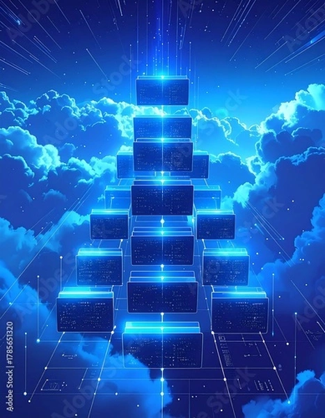 Fototapeta Glowing tiered cubes rise towards bright light in a cloudy sky