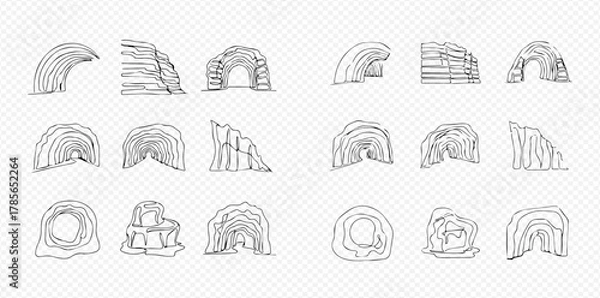 Obraz Set of hand-drawn line art illustrations depicting various natural rock formations, caves, and tunnels with different shapes and openings.