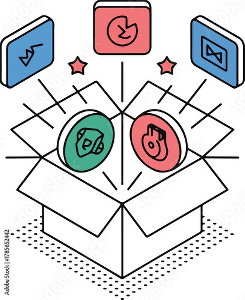 Fototapeta Isometric illustration: open box with abstract application icons, symbols, and conceptual elements emerging, symbolizing new service delivery or solutions.