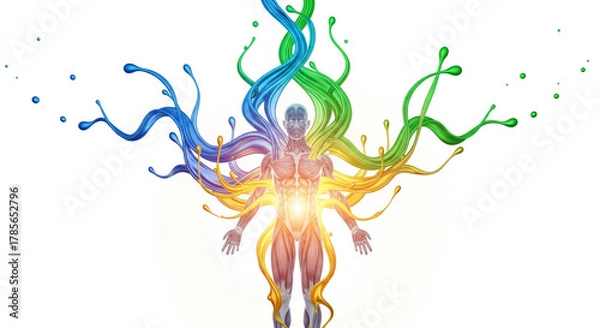 Fototapeta Human anatomy with colorful energy streams radiating from body, symbolizing vitality and life