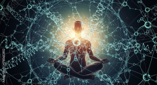 Obraz Meditation with glowing molecular network and DNA strands symbolizing mind and science