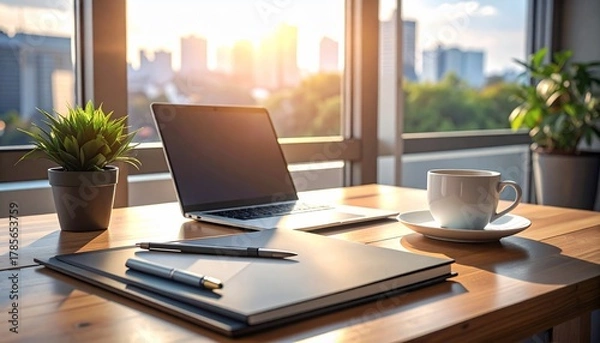 Obraz Modern Workspace with Laptop with Coffee, and and City View at Sunset  Cozy  Productive.