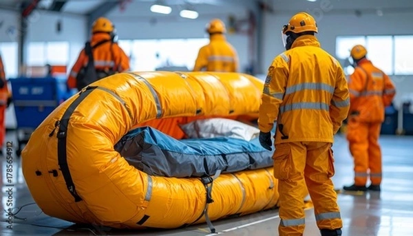 Obraz Rescue team members around an inflatable raft in a warehouse with safety concept.