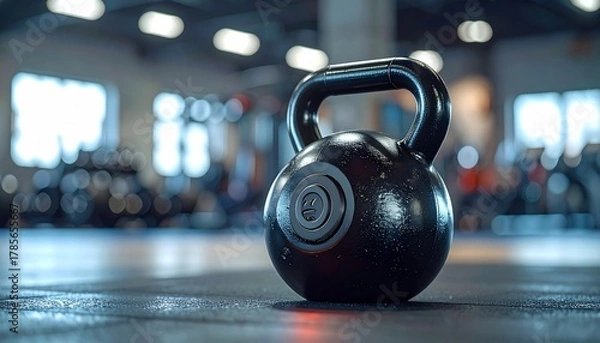 Obraz Shiny Black Kettlebell Resting on Gym Floor with Workout Equipment, Fitness, and Selective Focus.