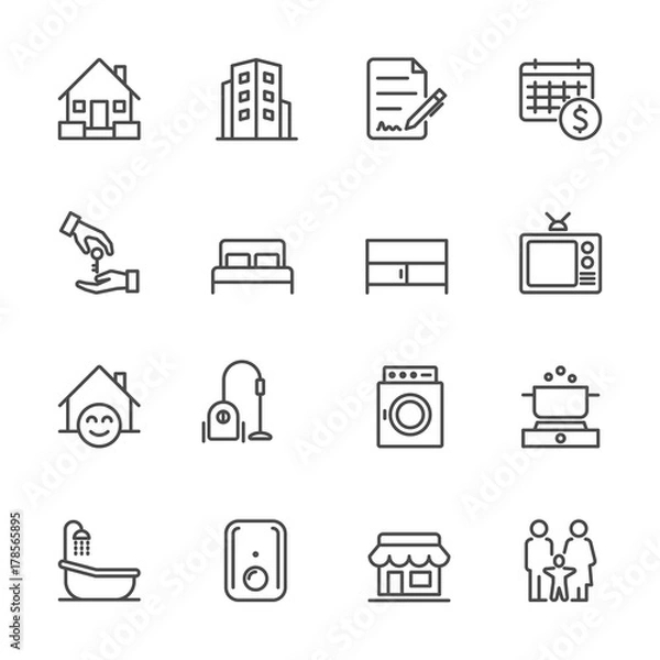Fototapeta Hotel and Service Apartment, House and Property for rent, Simple thin line hotel icons set, Vector icon design