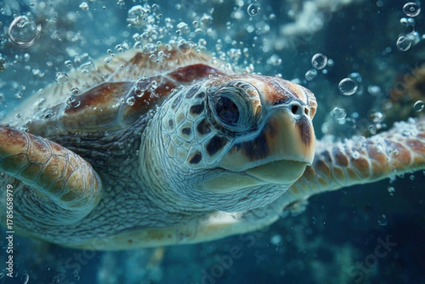 Fototapeta A sea turtle swims underwater surrounded by air bubbles.