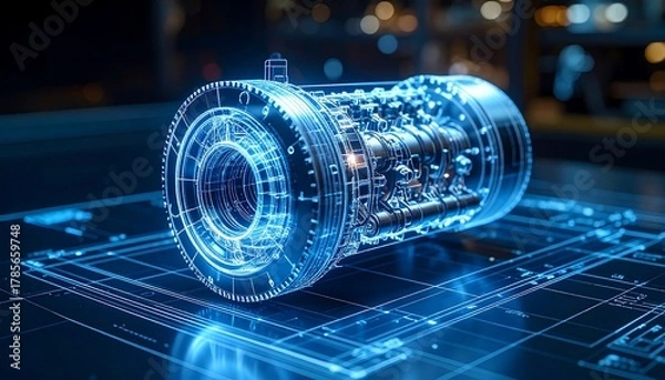 Obraz 3D Holographic Blueprint of Turbine Engine with Futuristic Tech Visualization.