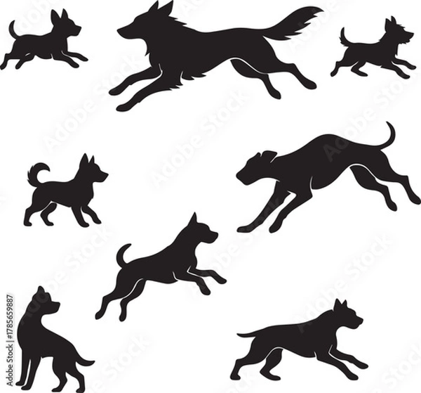 Fototapeta Silhouettes of small and large dog breeds in dynamic poses, artistic flat design