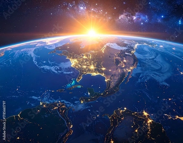 Obraz Illuminated Earth at dawn, showing continents and the starry night