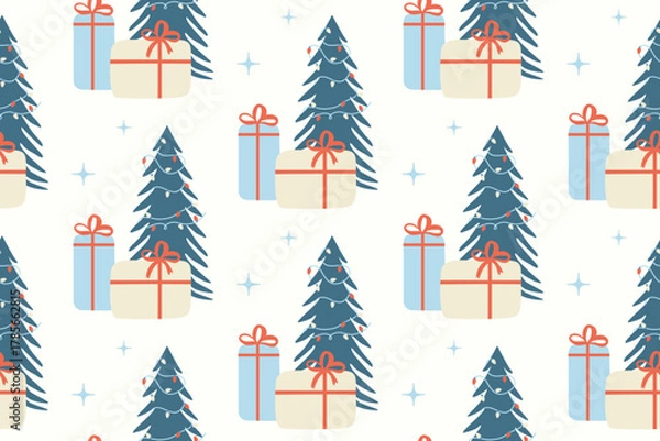 Fototapeta Seamless vector pattern with a Christmas tree with lights, gifts, and snowflakes. Cute holiday background. New Year celebration. Pattern for fabric, clothing, and wrapping paper.