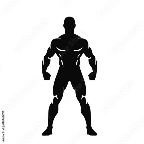 Obraz Strong male silhouette in standing pose, muscular bodybuilder figure in black and white vector style, fitness strength concept, muscle man, bodybuilder vector, gym athlete