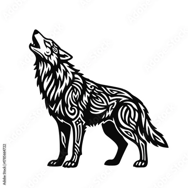 Obraz Stylized image of a howling tribal wolf, detailed black and white illustration of the animal with decorative patterns