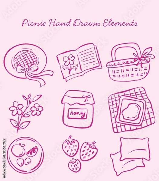 Fototapeta Picnic outline vector hand drawn elements