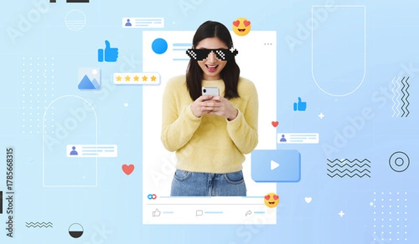 Fototapeta A young woman playing with a smartphone happily, surrounded by social media icons, Interacting with followers, Influencer, Enjoy, Modern art collage