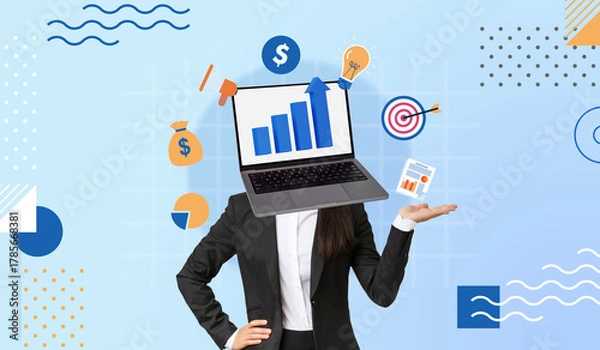 Fototapeta Modern entrepreneur head replaced by Laptop displaying bar chart growth, Digital business success strategy and growth concept, Innovation and finance growth, Modern art collage