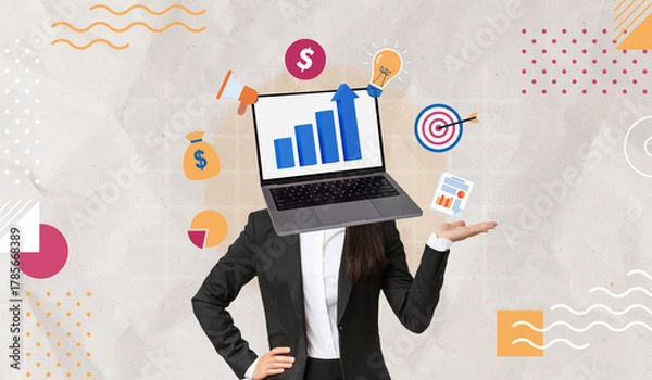 Fototapeta Professional businesswoman head replaced by Laptop showing business performance, Concept of strategic digital marketing and data analysis, Contemporary art collage