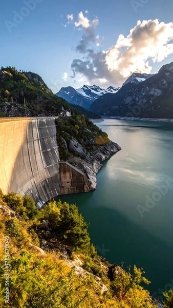 Obraz Large concrete dam and tranquil reservoir with mountains in the background