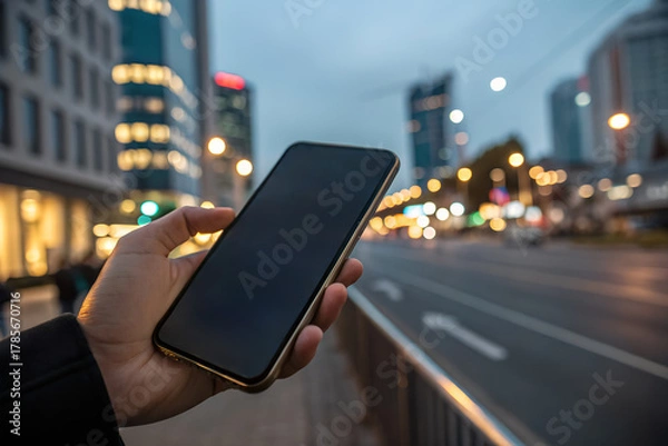 Fototapeta Smartphone with blank screen held by person in modern city evening. Perfect for app presentation, digital mockup, technology, and lifestyle design.