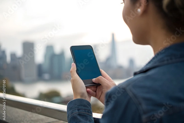 Obraz Woman holding smartphone against urban skyline at sunset. Blank phone screen ideal for mockup, app presentation, or social media design concept.