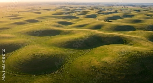 Fototapeta Aerial view of undulating green landscape with rounded hills under soft sunlight