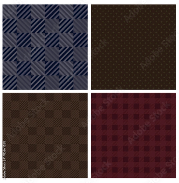 Fototapeta Collection of seamless checkered, rhombus, stripes pattern. Warm autumn and winter colors. Quiet Luxury, Old Money, Vintage textures. Editable vector illustration