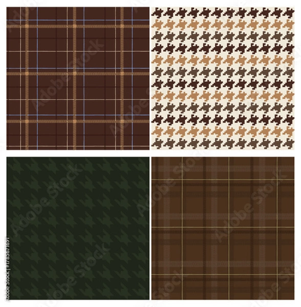 Obraz Collection of seamless checkered  houndstooth pattern. Warm autumn and winter colors. Quiet Luxury, Old Money, Vintage textures. Editable vector illustration