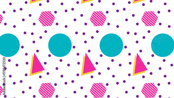Fototapeta Seamless Memphis pattern background. Seamless Memphis Style Geometric Pattern. Seamless memphis pattern with 90s retro dots, circles, and abstract shapes.