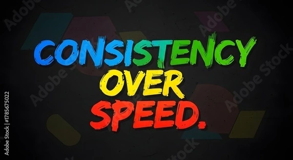 Fototapeta A colorful typographic design displaying the motivational phrase 'Consistency Over Speed' on a dark background with vibrant, bold lettering in blue, green, yellow, and red colors