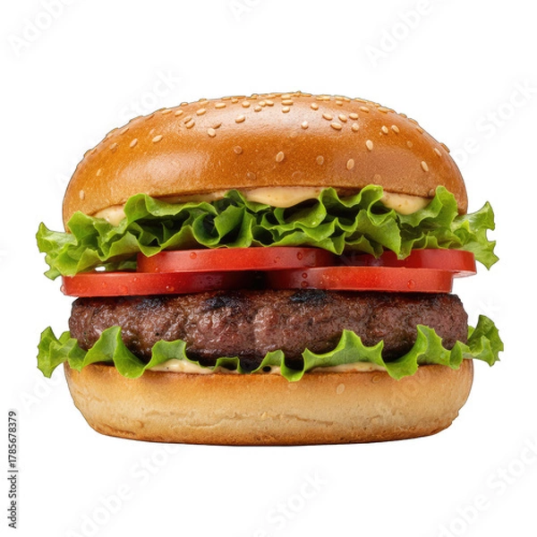 Fototapeta Delicious Hamburger with Lettuce and Tomato on a Sesame Seed Bun Studio Shot Isolated on Black Background