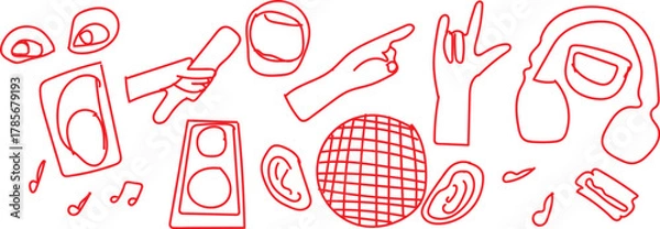 Fototapeta Abstract red line art of hands and audio equipment A collection of red line drawings depicting hands in various gestures alongside abstract representations of audio equipment like speakers 
