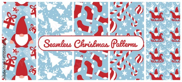 Fototapeta Christmas winter patterns seamless vector blue, white and red, with a snow feeling