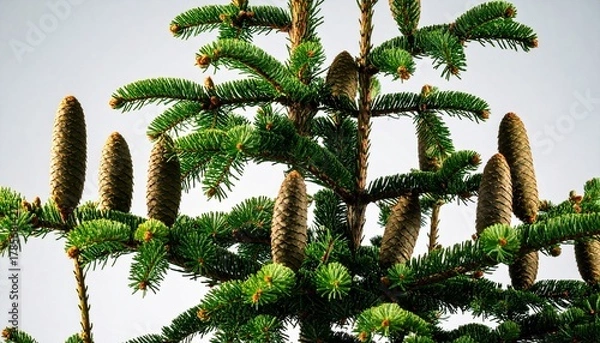 Fototapeta Fir tree close-up detail, pine cones and spring growth texture