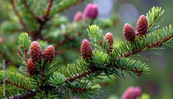 Fototapeta spruce tree branches, cones and shoots elongate in spring