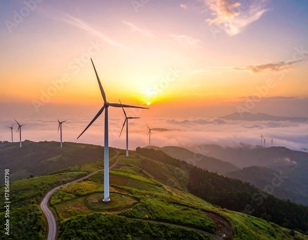 Fototapeta Aerial view of wind turbines on a mountain ridge at sunset, with low clouds