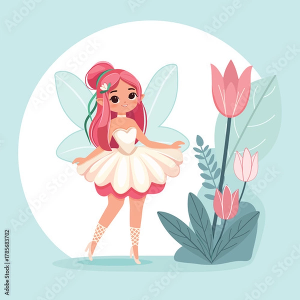 Fototapeta cute, art, wings, illustration, magic, cartoon, character, fairytale, fairy, dress, design, purple, girl, flying, flower, dream, delicate, enchantment, fantasy, creativity, child, glow, charm, happine