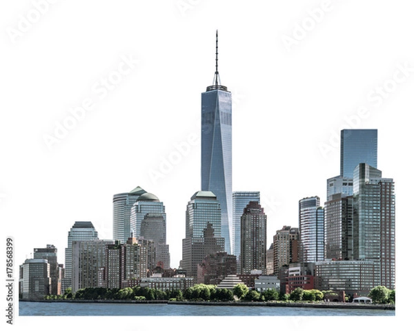 Obraz One World Trade Center, zabytki Nowego Jorku i wieżowiec na Dolnym Manhattanie, na białym tle ze ścieżką przycinającą