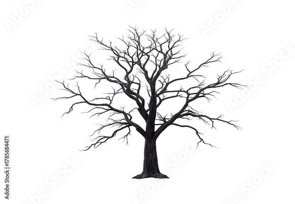 Fototapeta Leafless bare tree illustration, detailed black branching structure showing natural winter dormant state, isolated on a transparent background