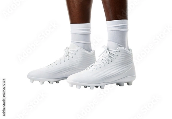 Obraz White high-top football cleats with molded studs worn with white athletic socks, isolated on a transparent background