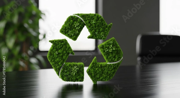 Obraz Green moss recycle symbol on office table promotes circular economy initiative for sustainable workplace and eco friendly design with optimistic natural mood