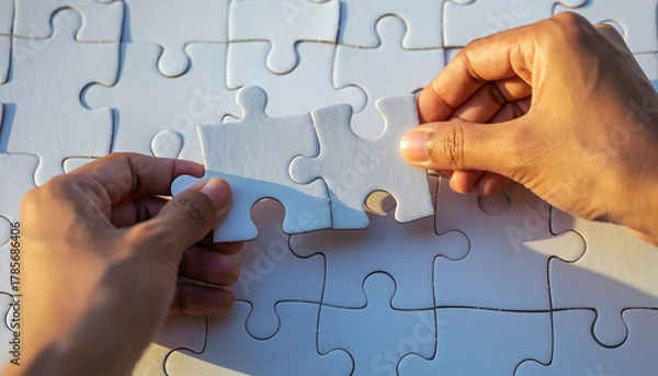 Fototapeta Realistic close-up of two hands joining white puzzle pieces, representing teamwork, unity, and collaboration in a clean minimal background.