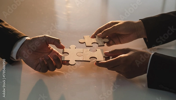 Fototapeta Professional photo of two hands joining puzzle pieces, symbolizing business partnership, collaboration, and mutual agreement