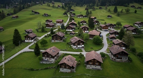 Fototapeta Aerial view showcases a charming European village nestled in a lush, green valley, surrounded by hills