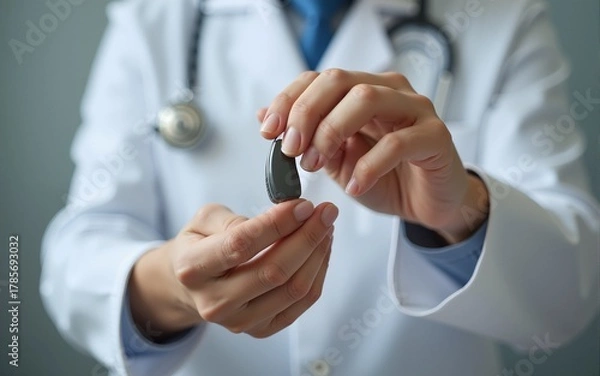 Fototapeta Hand of an audiologist doctor placing a hearing aid in its case. High quality