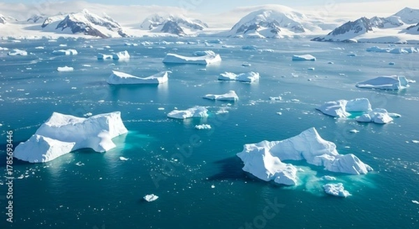 Fototapeta Aerial view showcases a frigid ocean dotted with icebergs near snow-covered mountain peaks