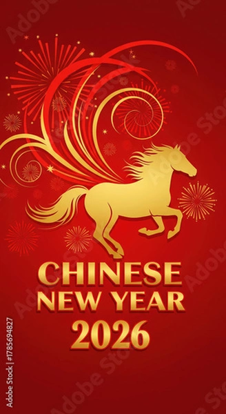 Fototapeta Golden Horse Silhouette with Red and Gold Swirls and Fireworks for Chinese New Year 2026