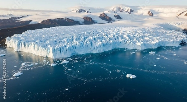 Fototapeta Aerial view showcases a massive glacier meeting the ocean with icebergs and mountains in the background