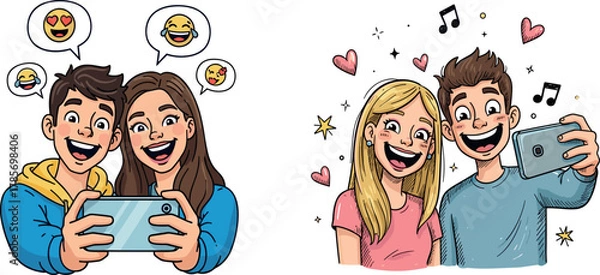 Obraz Cartoon kids taking selfies with emojis and decorations, digital communication illustration, expressive social media moment, vector selfie scene, modern interaction design